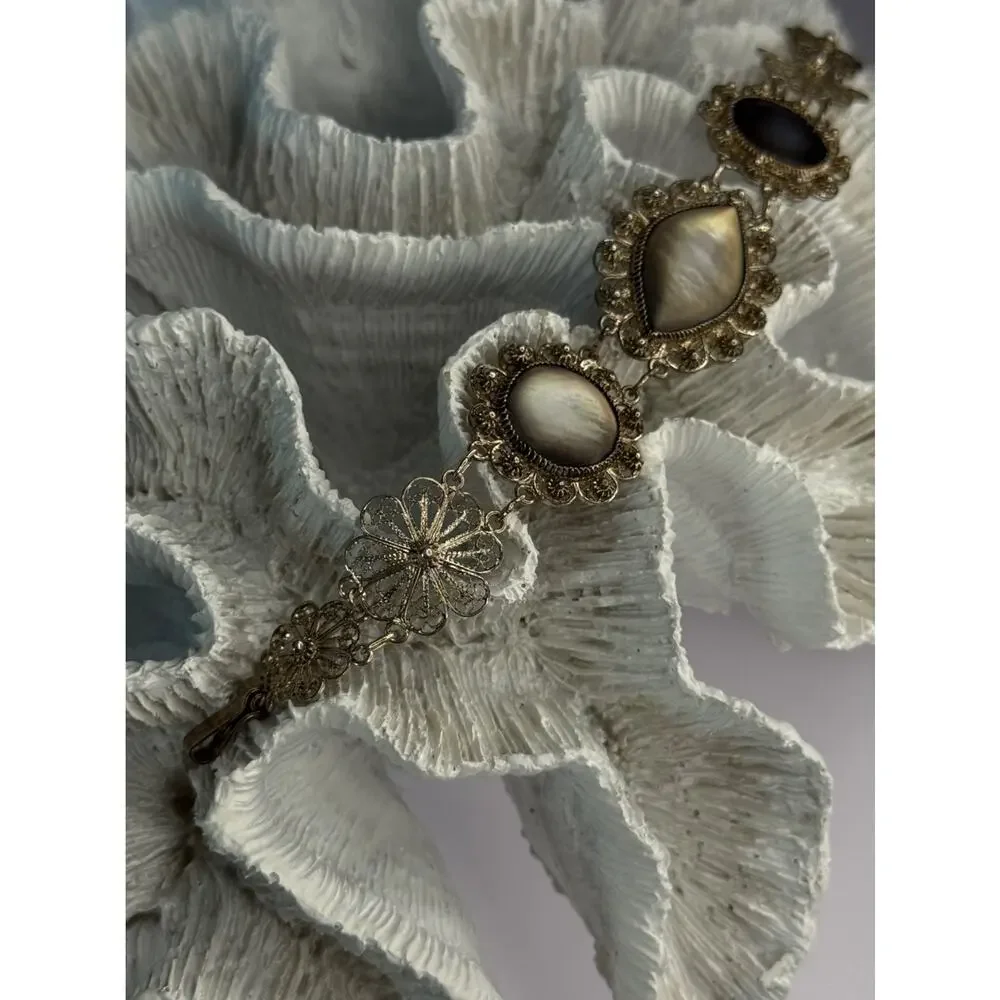 Vintage Beautiful 925 Sterling Silver Abalone Bracelet Length 7